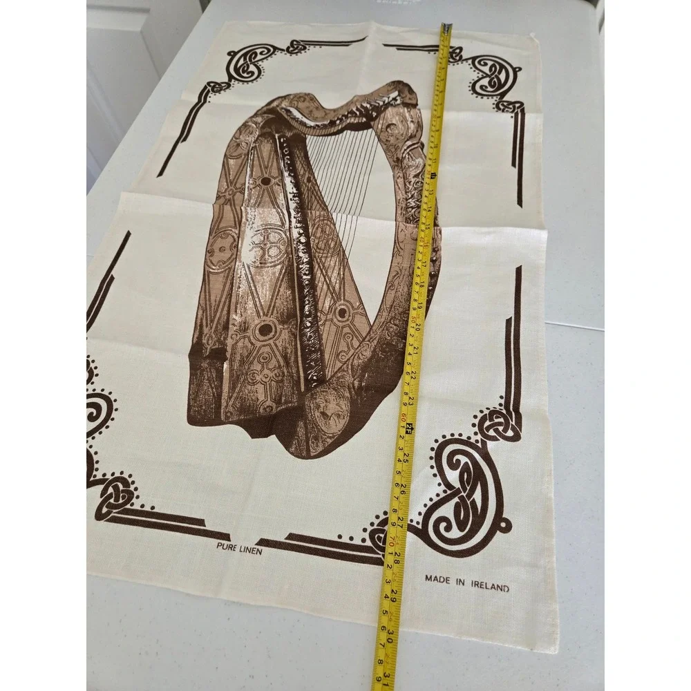 Vintage Fingal Tea Towel Cream Brown Irish Linen Harp Celtic Knot Ireland 18x30